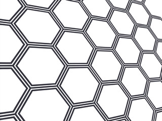 Black and white geometric hexagon pattern repeating in perspective against white background.
