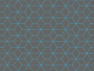Fototapeta premium Seamless repeating cube pattern in a geometrical design with a cool blue line on a dark gray color for background.