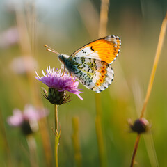 Obraz premium Vibrant Butterfly Close Up on Delicate Flower with Nature's Soft Background Blur