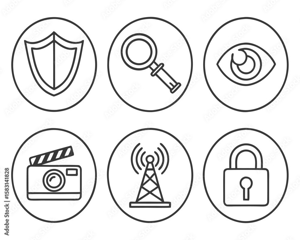 Poster simple outlined icons representing concepts such as security investigation and communication within 