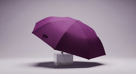 Elegant purple umbrella on marble stand isolated against a soft gradient backdrop