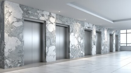 Modern elevator bank in a marble-clad hallway.