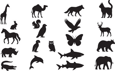 A collection of black animal silhouettes, including common pets and wild creatures, perfect for vector illustrations or icons