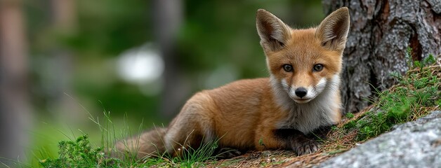 Red fox exploring the forest at night in Germany with moss and pine trees surrounding its path