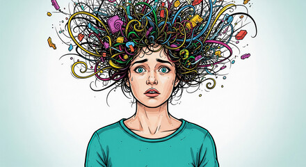 Woman with colorful, chaotic hair, expressing anxiety or stress.  Illustrative style depicts overwhelming thoughts or emotions.  Concept represents mental health challenges