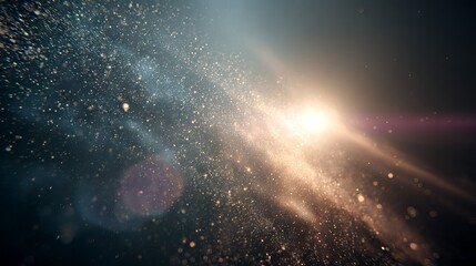 Real backlit dust particles floating in air with soft glowing lens flare light effect