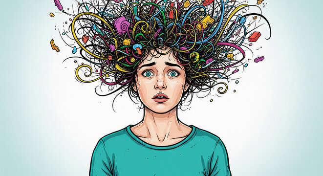 Woman with colorful, chaotic hair, expressing anxiety or stress.  Illustrative style depicts overwhelming thoughts or emotions.  Concept represents mental health challenges