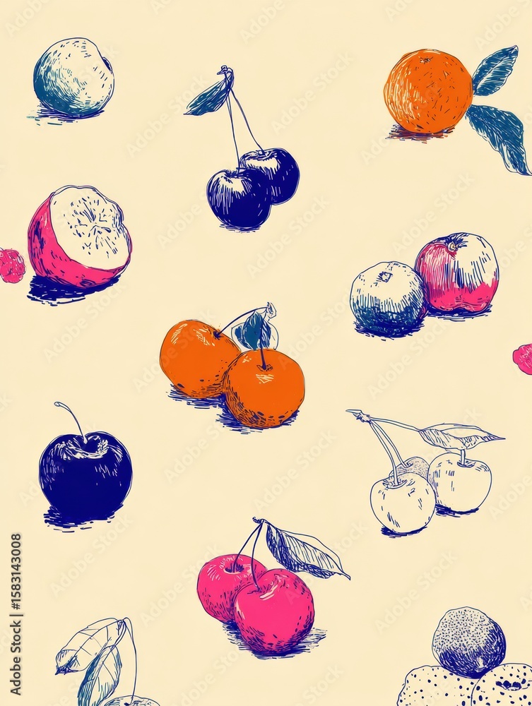 Poster line art display featuring vibrant fruit illustrations with a modern and minimal aesthetic, perfect 