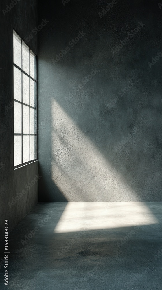 Poster a sunlit empty room with a large window casting geometric shadows on textured concrete walls and flo