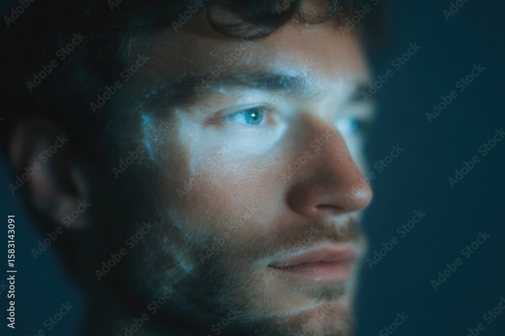Aufkleber portrait of artist casting fractal light patterns on face using laser projection device