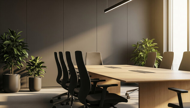 Modern office meeting room, showcasing a light wood conference table, black chairs, and potted plants, creating a professional and serene workspace