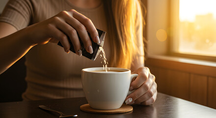 Woman Adding Sugar Packet to Coffee in a Brightly Lit Cafe Setting