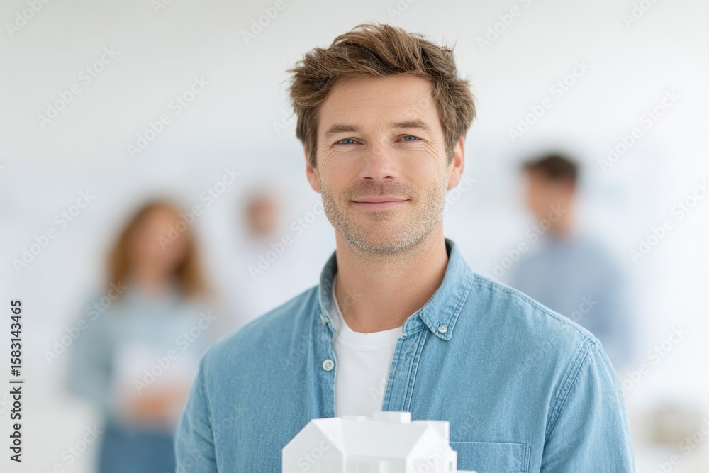 Aufkleber portrait of architect presenting 3d building model to clients in bright office model crisp team soft