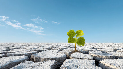 New life sprouts from cracked earth, symbolizing ecological rebirth and hope in a harsh climate