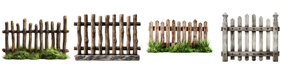Naklejka premium Collection of Rustic Wooden Fences with Moss and Grass Details