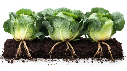 Three cabbages with visible roots growing in soil, isolated against white background.