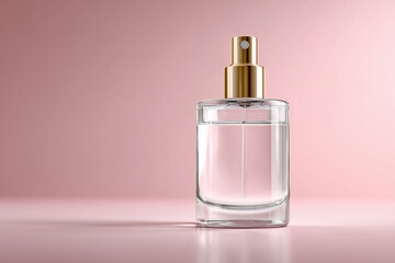 A clear glass fragrance bottle with a sleek gold spray top stands elegantly on a light pink surface, creating a minimalist and sophisticated display.

