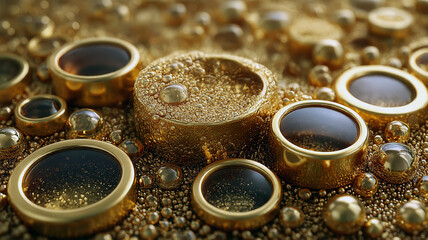 Liquid gold rings dancing among bubbles, elegance and texture in harmony