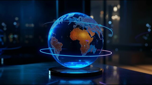 Glowing Holographic Globe Displaying Continents with Blue and Orange Highlights on Sleek Base in Dimly Lit Room Evokes Futuristic Technology and Global Connectivity