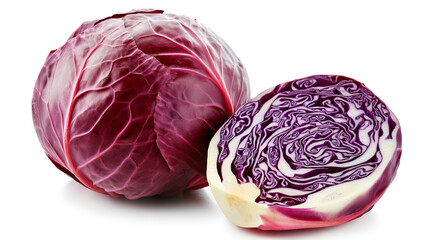 A whole and halved red cabbage, showcasing its vibrant purple and white interior.