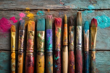 Fototapeta premium Flat lay of paint brushes with multiple bright paint colors smeared on white wood table, realistic texture, clean artistic workspace setup, viewed from above in painter's studio