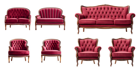 Collection of Elegant Burgundy Velvet Sofas and Armchairs on White Background