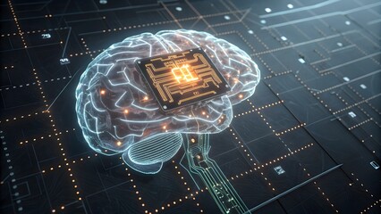 Digital human brain scan with circuit patterns and data lines, representing the intersection of science and technology in cyberspace