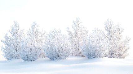 Winter wonderland scene of frosted bushes and trees in snow.