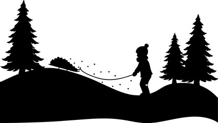 Obraz premium Silhouette of a child pulling a sled with a christmas tree through a snowy landscape with pine trees