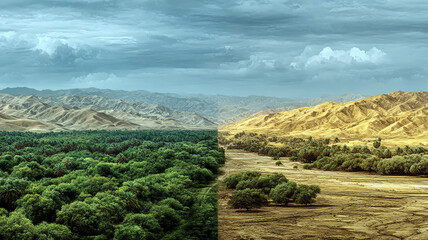 The conflict between drought and green reflects global warming and climate change. The ecology of the Earth, global warming, dramatic environmental change.