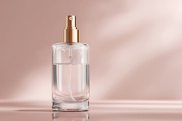 Naklejka premium A clear glass fragrance bottle with a sleek gold spray top stands elegantly on a light pink surface, creating a minimalist and sophisticated display.