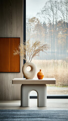 Modern minimalist console table with light beige arch base, displaying a vase of dried grasses and an orange ceramic pot, in front of a large window overlooking a fall landscape