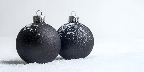 Two black Christmas ornaments with snow on a snowy surface.