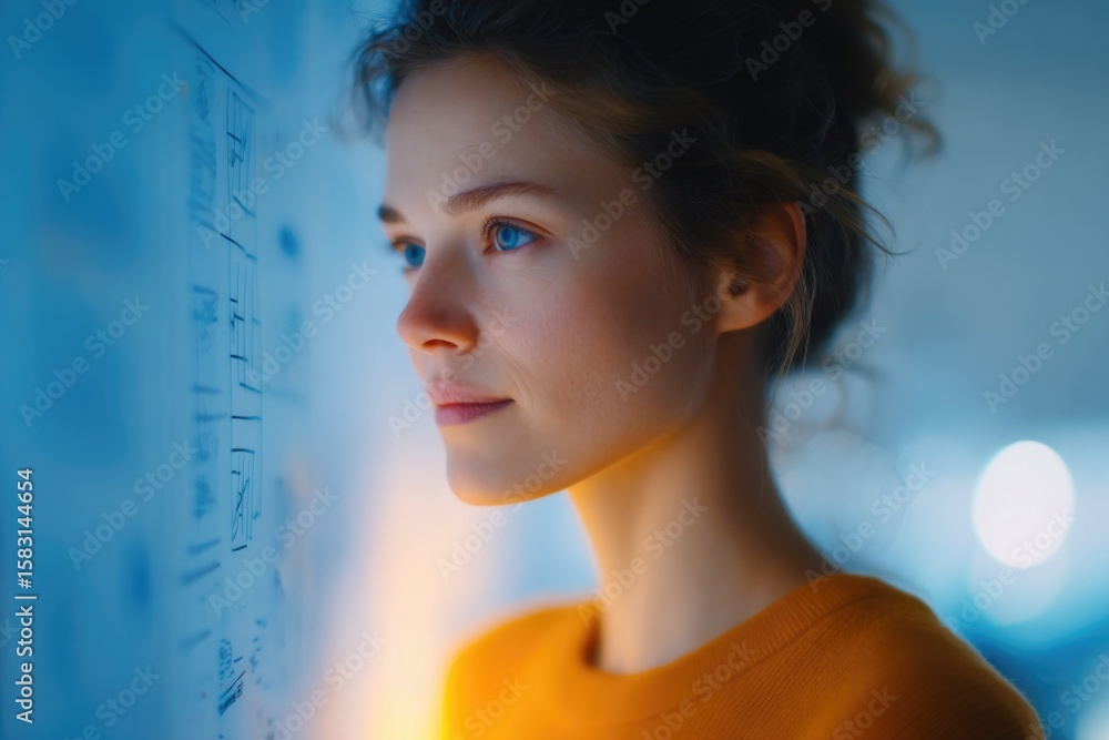 Poster portrait of designer sketching lighting layout on moodboard pinned to complementary-colored wall