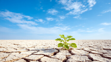 New life sprouts from cracked earth, symbolizing ecological rebirth and hope in a harsh climate