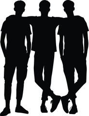 Three young men, friends, standing together with their arms around each other in silhouette. EPS-10.