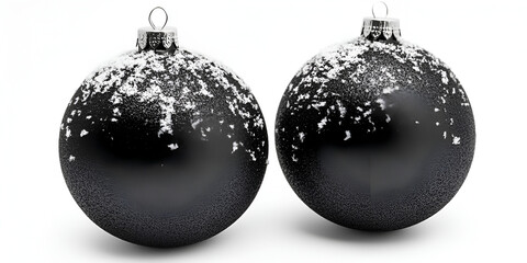 Two black Christmas ornaments with decorative white snow-like dusting on top, isolated.