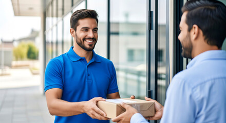 Smiling courier in uniform hands package to client at door. Convenient delivery and reliable service.