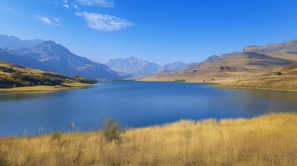 Obraz premium A beautiful lake nestled between mountains on a high plateau