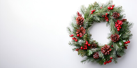 Circular Christmas wreath adorned with pine boughs, pinecones, and red berries.