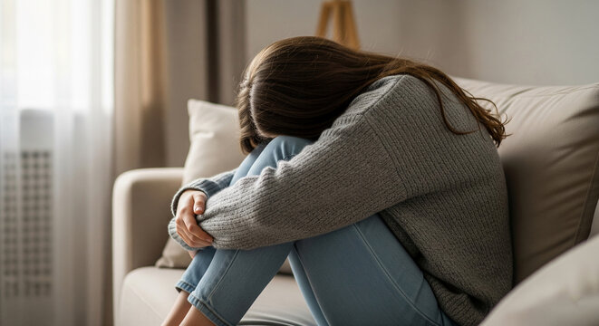 Woman sitting on sofa, head bowed, wearing gray sweater and blue jeans, conveying sadness or loneliness, suitable for mental health awareness