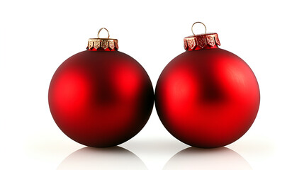 Two red Christmas ornaments, side by side, with gold caps, sitting on a reflective white surface.