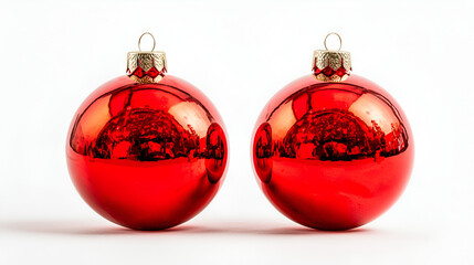 Two shiny red Christmas ornaments, reflecting light, against a plain white background.
