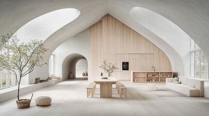 Modern, minimalist interior with arched, light-filled space