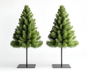 Two small artificial Christmas trees on black metal stands against a plain white background.