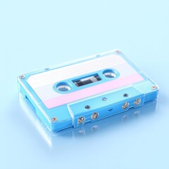 Obraz premium A vibrant blue cassette tape rests on a glossy surface against a light backdrop, perfect for retro music or nostalgia-themed projects, Ideal for designs, blogs