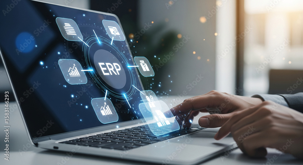 Poster laptop displaying erp system interface with data icons, showcasing efficient business management tec