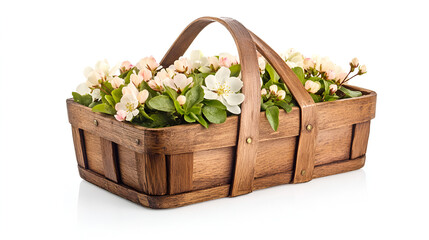 A rustic wooden basket overflowing with delicate white and pink blossoms, set against a clean white background.