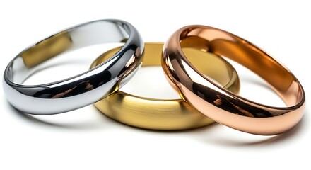 Elegant trio of metal rings: a golden, silver and bronze wedding or engagement symbols