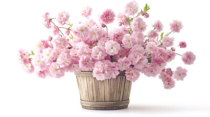 A wooden bucket overflowing with delicate pink cherry blossoms against a clean white background, creating a soft and elegant floral arrangement.